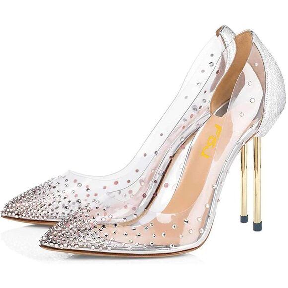 Wedding Prom Studded Pointed Toe Transparent Pumps High Heels Crystal Bling - Picture 1 of 7